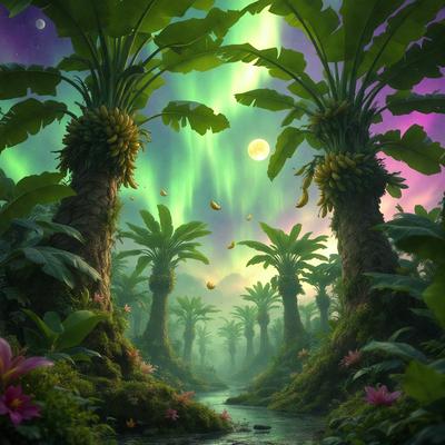 The primary subject of the image is a lush, tropical forest filled with palm trees and a river running through it. The setting is a vibrant, colorful environment with a purple sky and greenery surrounding the river. The visual style is a digital art or illustration, creating a captivating and imaginative scene. The colors and mood are lively and serene, with the purple sky adding a touch of whimsy to the overall atmosphere.
